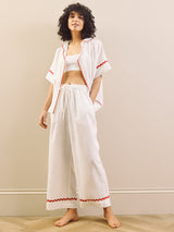 Womens White with Red Ric Rac Trim Linen Blend Oversize Pyjama Set