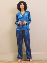 Womens Satin Traditional Pyjamas Navy Peacock Feather
