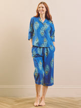 Navy Blue Peacock Feather Cotton Cropped Sleeve Capri Pyjama Set