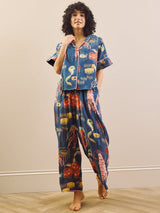 Womens Navy Ocean Dreaming Gauze Oversize Long Pyjama Set