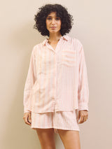 Baby Pink Multi Stripe Gauze Boyfriend Shirt Short Pyjama Set