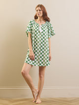 Womens Green Watercolour Gingham Seersucker Drop Shoulder Mini Nightdress