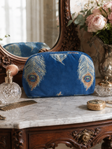 Velvet Half Moon Cosmetic Bag Navy Gold Peacock Feather