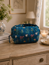Navy Wallpaper Floral Cotton Frill Cosmetic Bag