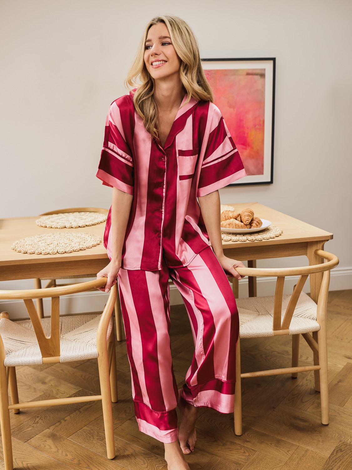 Womens Satin Oversize Pyjamas Pink Stripe