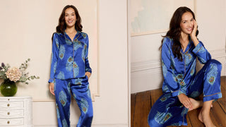 Model wears Their Nibs iconic peacock feather print pyjamas