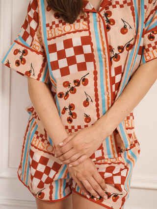 close up of women's tomato kisses print pyjamas