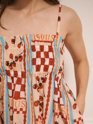 model wears tomato kisses print nightie,  detail