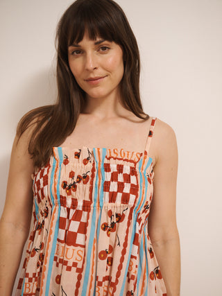 model wears tomato kisses print nightie, back detail