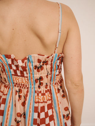 model wears tomato kisses print nightie, back detail