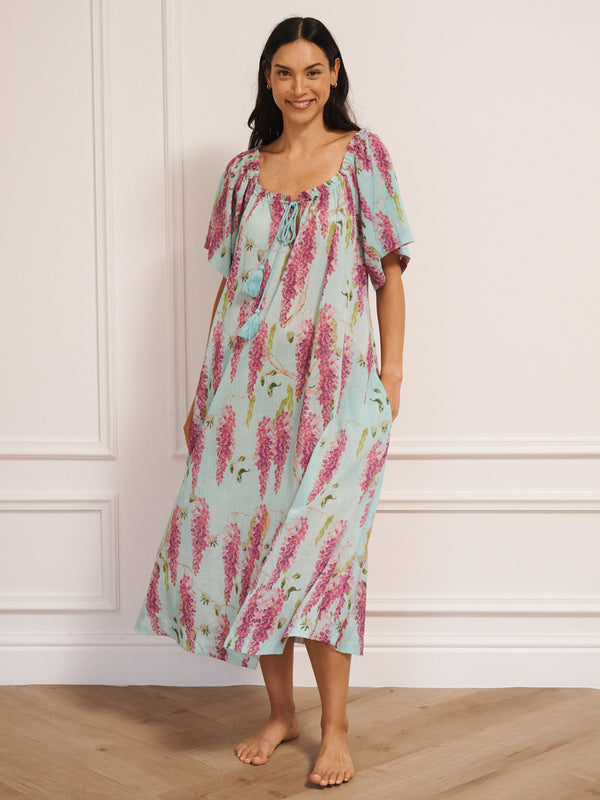 Womens Duck egg Wisteria Gauze Drop Shoulder Maxi Night Dress – THEIR NIBS