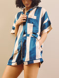 Womens Satin Oversize Shortie Pyjamas Navy Stripe