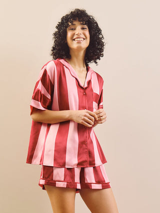 Womens Satin Oversize Shortie Pyjamas Pink Stripe