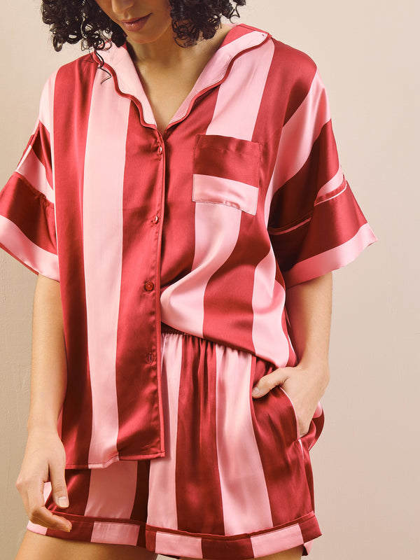 model wears short pyjama set - close up