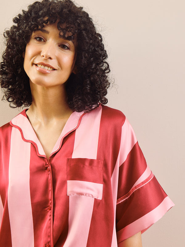 model wears short pyjama set - close up