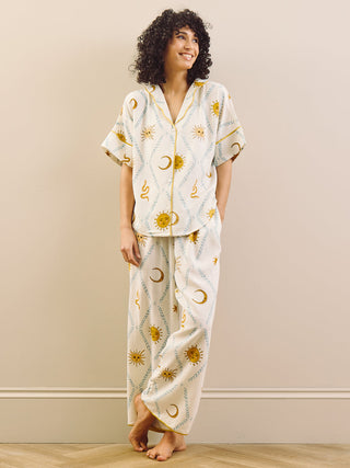 Womens Linen Blend Oversize Pyjamas Fresh White Starlit Daydreams