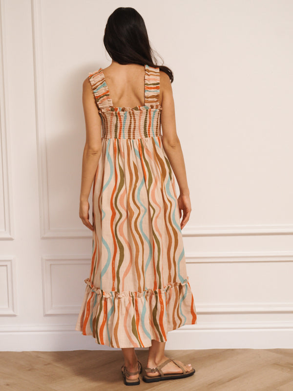 Womens Oatmeal Cream Rainbow Waves Linen Mix Ruched Body Dress – THEIR NIBS