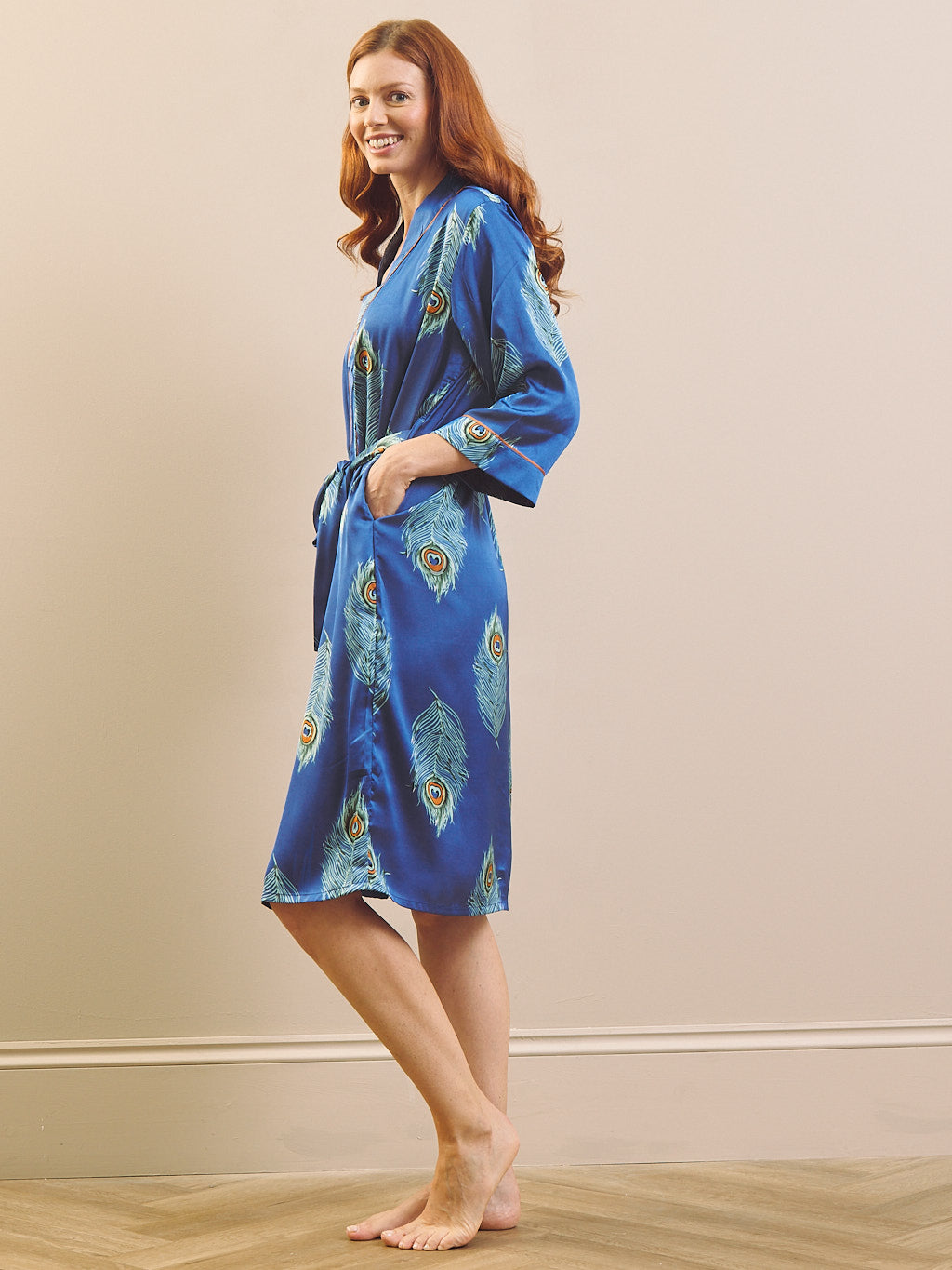 Womens Satin Dressing Gown Robe Navy Blue Peacock Feather – THEIR NIBS