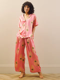 Womens Satin Oversize Pyjamas Pink Gold Peacock Feather