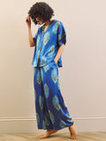 Womens Satin Oversize Pyjamas Navy Peacock Feather