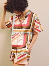 Womens Champagne Abstract Handkerchief Satin Oversize Shorts Pyjama Set
