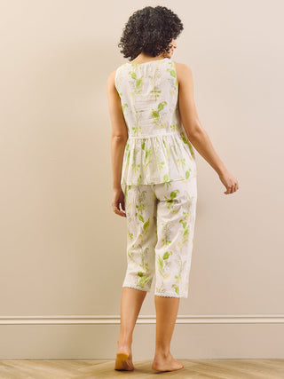 Model wears peplum top floral print capri pyjama set, back