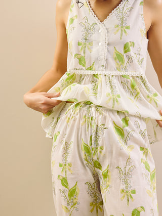 Model wears peplum top floral print capri pyjama set, detail