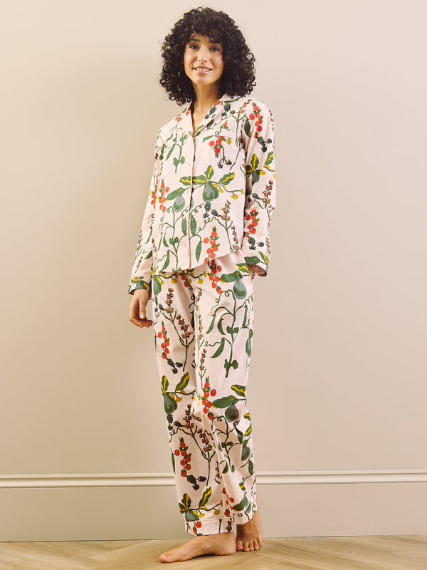 model wears harvest pear print long pyjama set