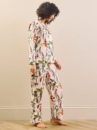 model wears harvest pear print long pyjama set