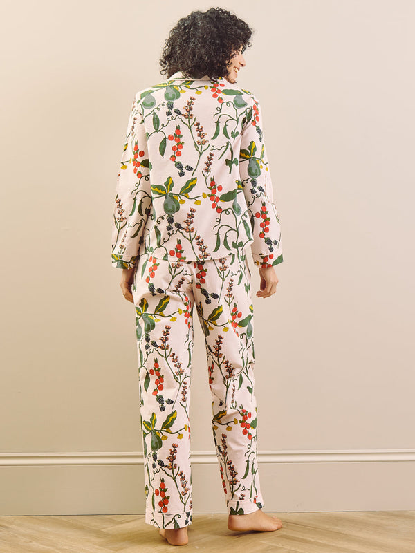 model wears harvest pear print long pyjama set, back