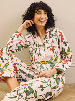 model wears harvest pear print long pyjama set