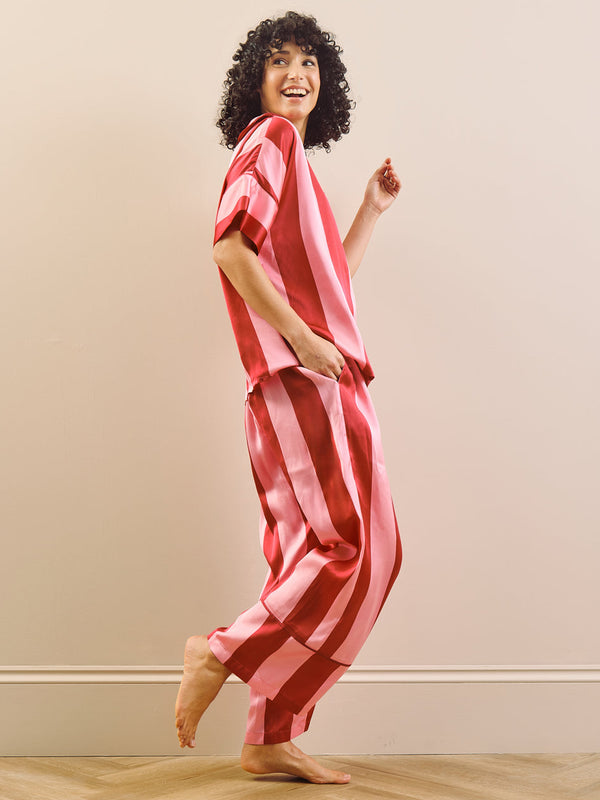 model wears harvest pear print long pyjama set