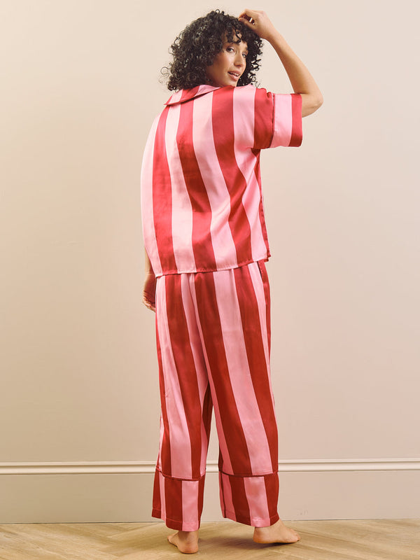 model wears harvest pear print long pyjama set, back