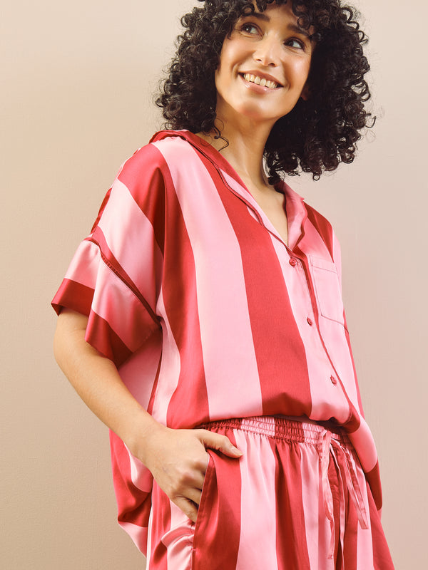 model wears harvest pear print long pyjama set