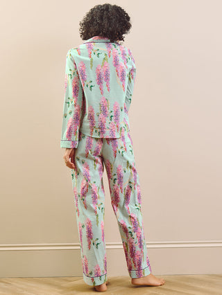model wears wisteria print short pyjama set. Back detail. 