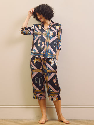 Navy Celestial Dreaming Satin Cropped Sleeve Capri