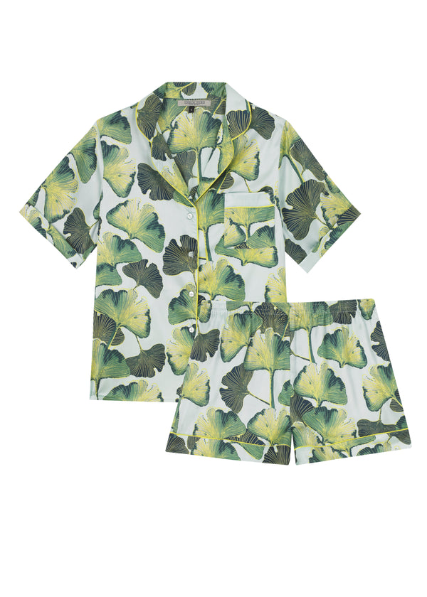 Womens Satin Shortie Pyjamas Aqua 30s Palm