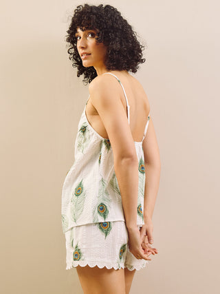 model wears camisole strap short pyjama set. 