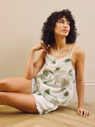 model wears camisole strap short pyjama set. 