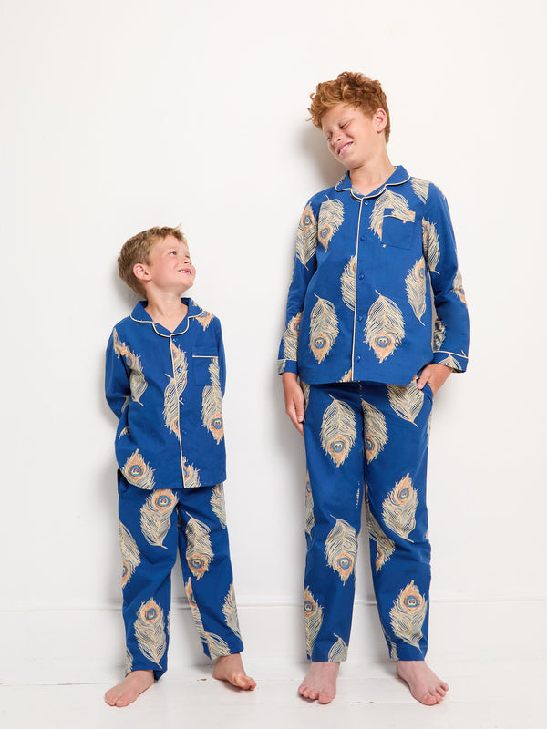 Kids Cotton Traditional Pyjamas Navy Peacock