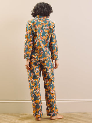 Model Wears Traditional cheetah print pyjama, back detail
