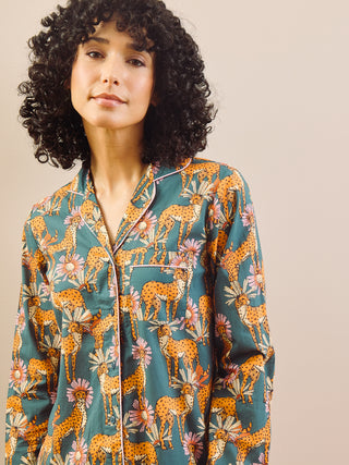 Model Wears Traditional cheetah print pyjama
