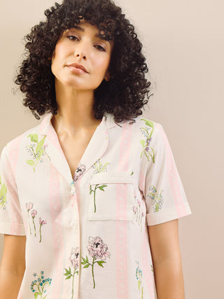 model wears scallop floral print pyjamas