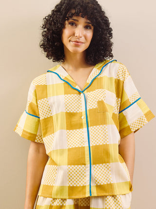 Womens Golden Yellow & Blue Trim Patchwork Gingham Seersucker Oversize Pyjama Set