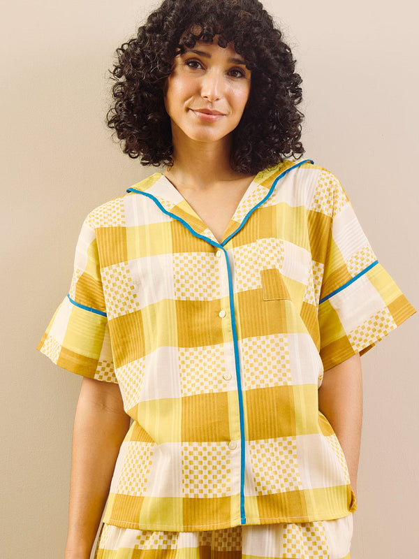 Womens Golden Yellow & Blue Trim Patchwork Gingham Seersucker Oversize Pyjama Set