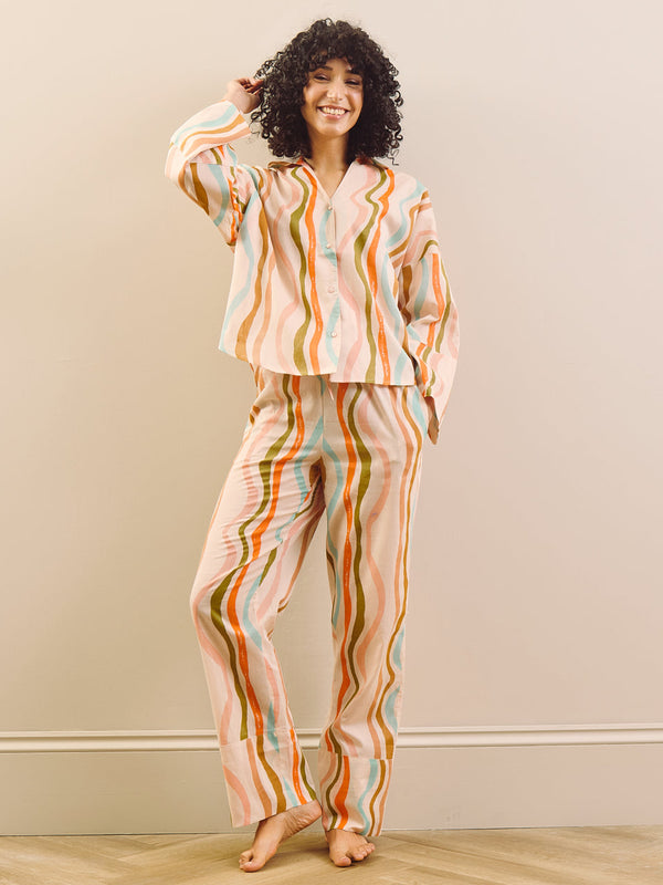 Womens Oatmeal Cream Rainbow Waves Voile Relaxed Shirt Pyjama Set