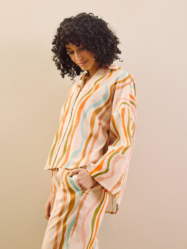 Womens Oatmeal Cream Rainbow Waves Voile Relaxed Shirt Pyjama Set