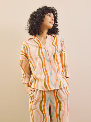 Womens Oatmeal Cream Rainbow Waves Voile Relaxed Shirt Pyjama Set