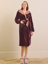 Womens Fig Contrast Lining Velvet Hooded Dressing Gown