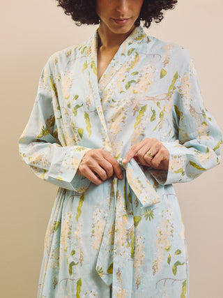Pale Blue Wisteria Cotton Grandpa Dressing Gown